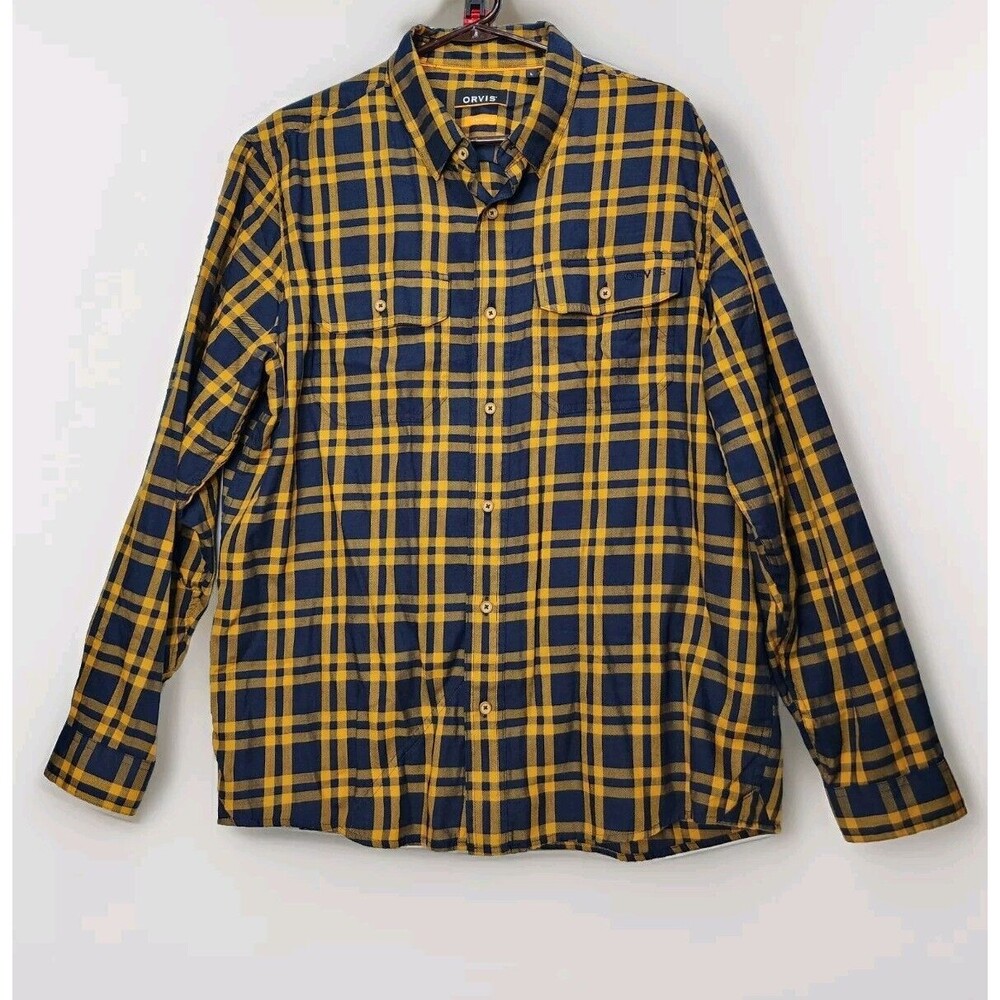 Orvis Shirt Mens Large Flannel Active Fit Button Down Flex Plaid Blue Orange LS